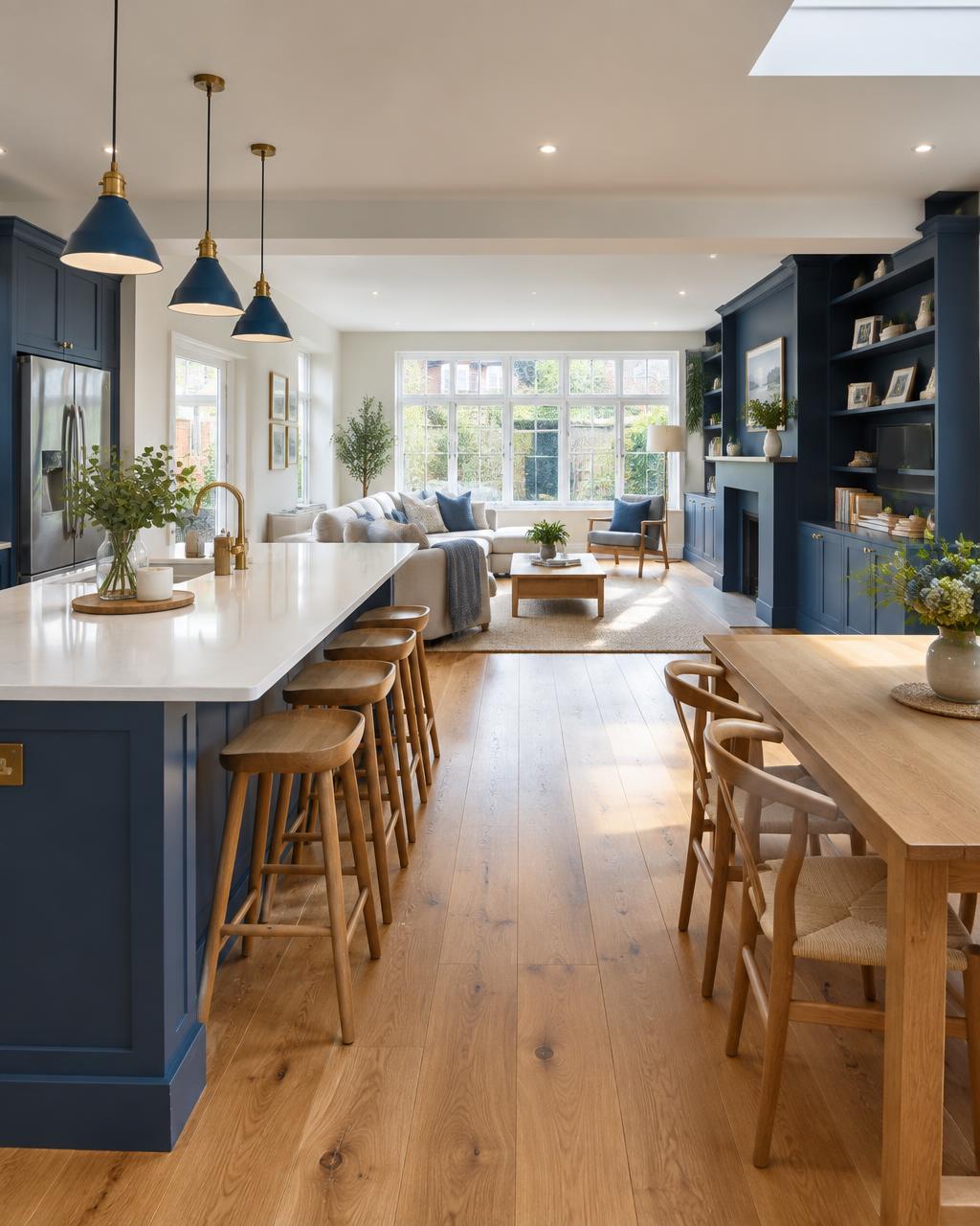Renovated open-plan kitchen and living room with navy shelving and oak floor